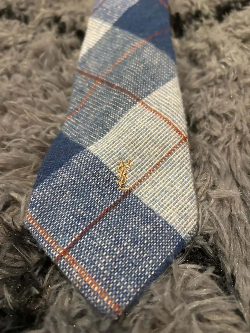Vintage Yves Saint Laurent Blue Plaid Heather Mist Wool Necktie